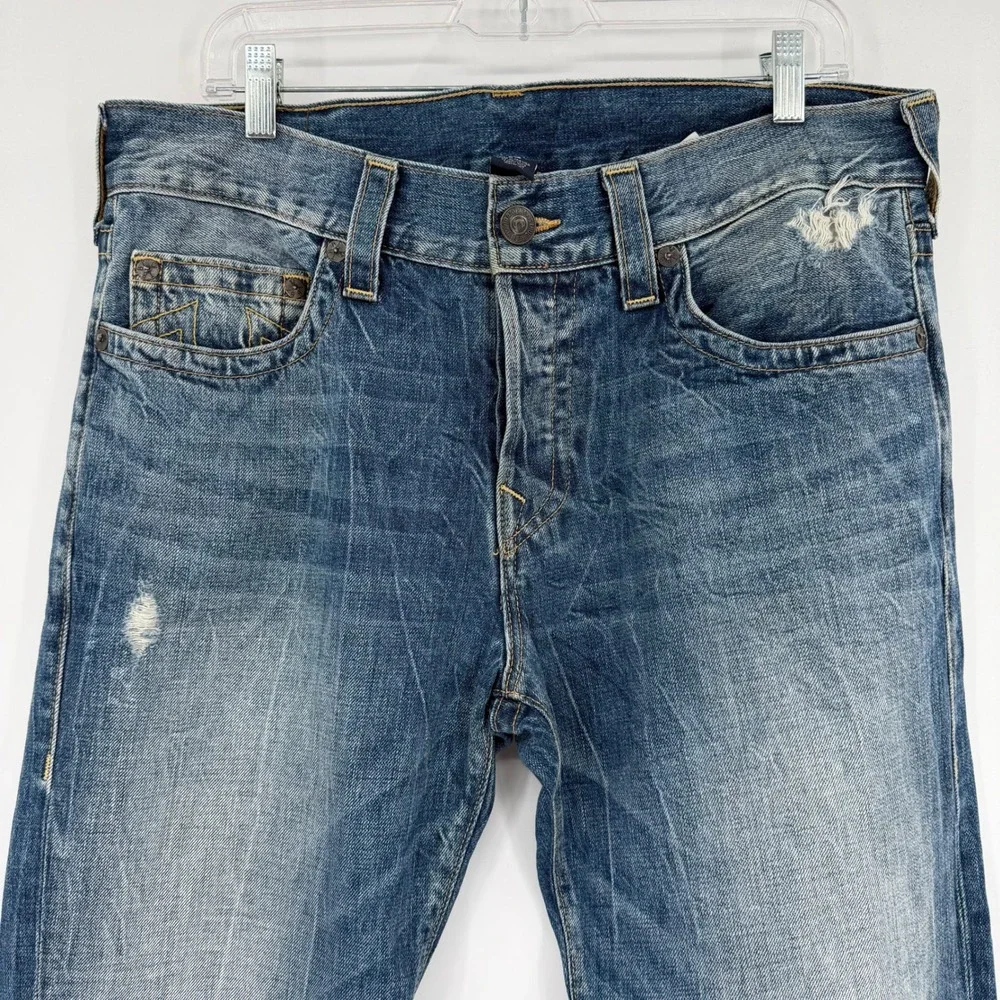 True Religion Rocco Relaxed Skinny Jeans Medium Blue Wash Distressed Mens 34